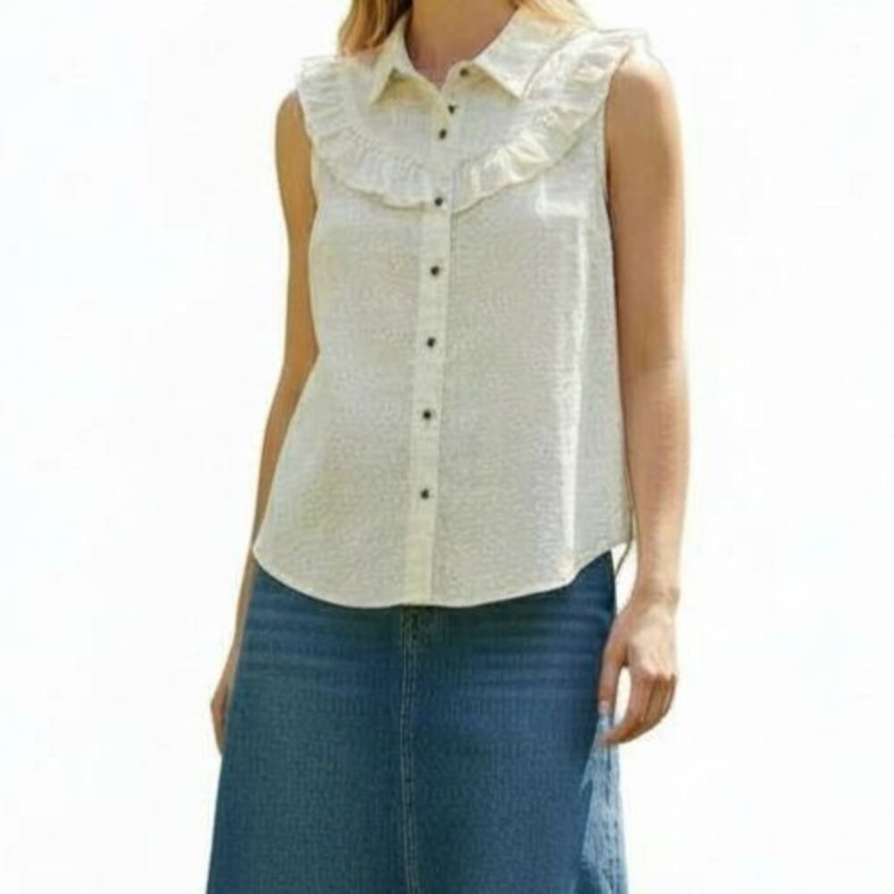 Maeve Anthropologie Ruffle Top 8 Cream Embroidered Sleeveless Coquette Romantic